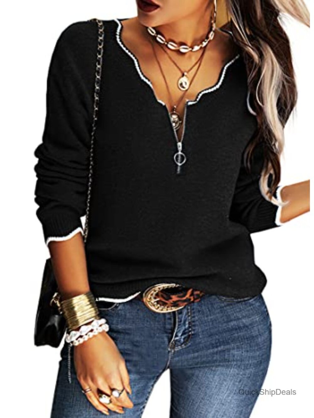 Womens V Neck Half Zip Striped Pullover Sweater Long Sleeve Knit Top
